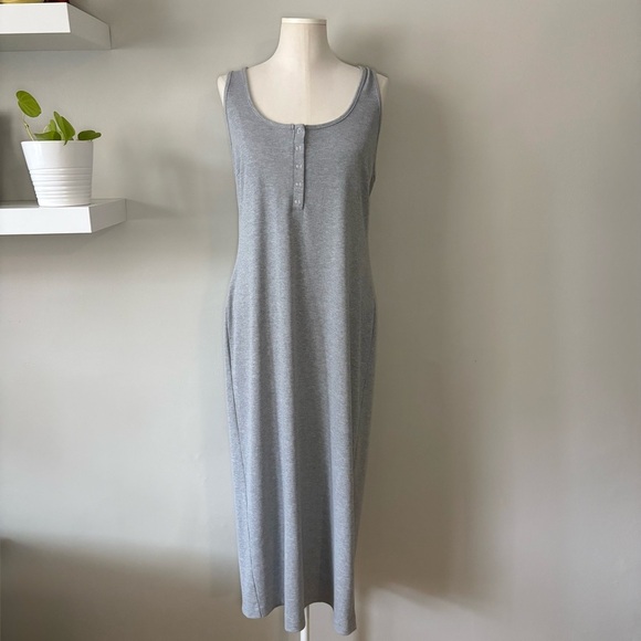 Dynamite Grey Ribbed Henley Dress XL | Button Front Stretch Midi - Picture 4 of 10